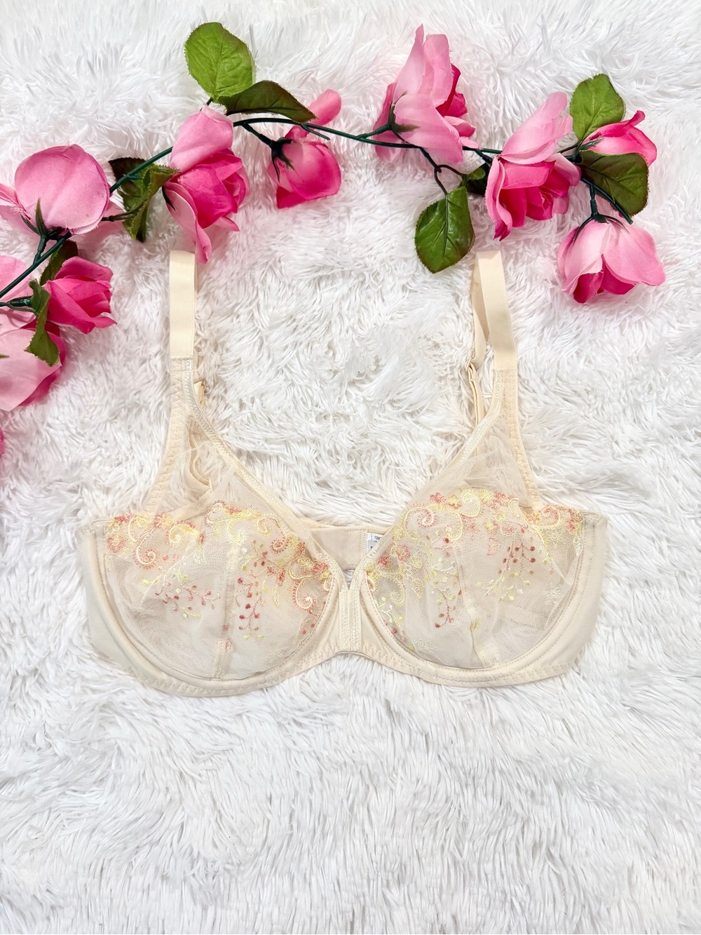 Simone Perele Bra 34D Ivory Sheer Floral Embroidered Underwire French Lingerie
